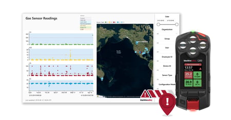 Blackline Safety's G8 in alert and Blackline Live's gas sensor readings page.