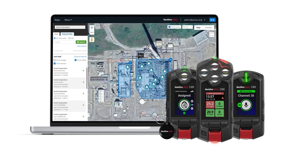 Blackline Live with ZoneAware software, G8 gas detectors and lone worker devices and NFC tag for easy device assignment.