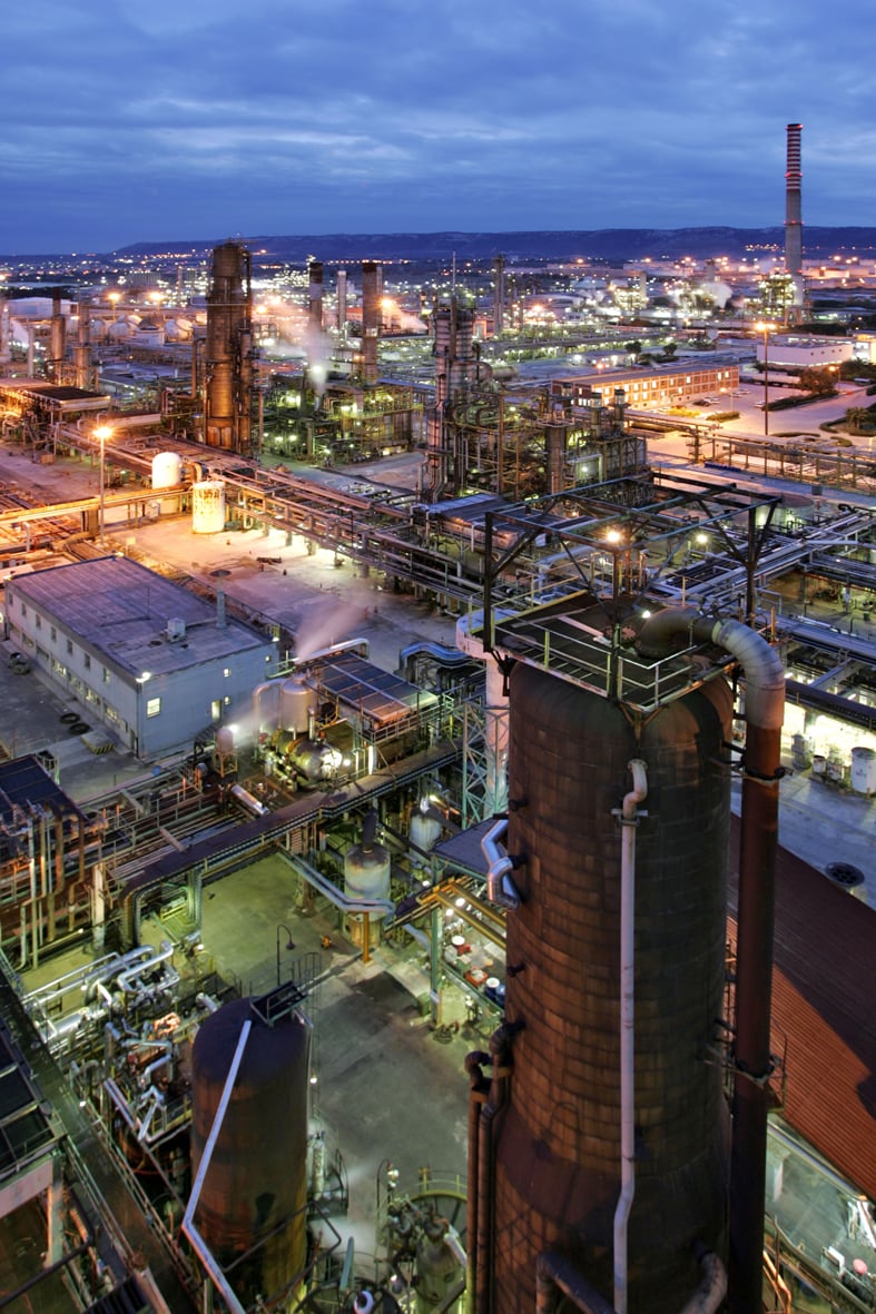 Refinery at night. Connected gas detection