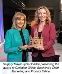 Calgary Mayor Jyoti Gondek presenting the award to Christine Gillies, Blackline’s Chief Marketing and Product Officer.